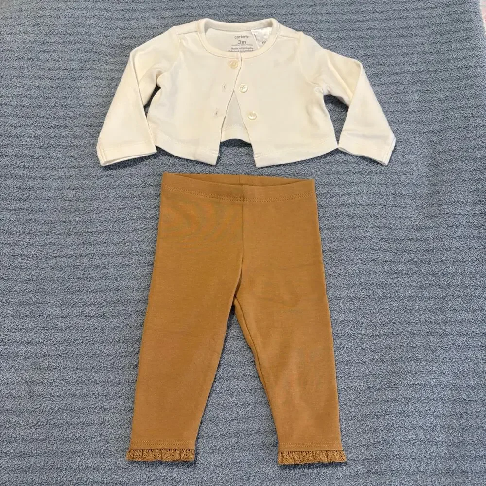 Carter’s-Girl-3 Months-Set-White Cardigan/Mustard Yellow Pants, Knit, Ruffle